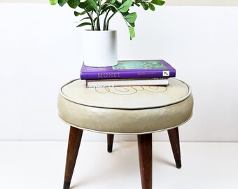 Vintage Mid-Century Round Vinyl Ottoman, Cream Upholstered Footstool - Retro Accent Stool
