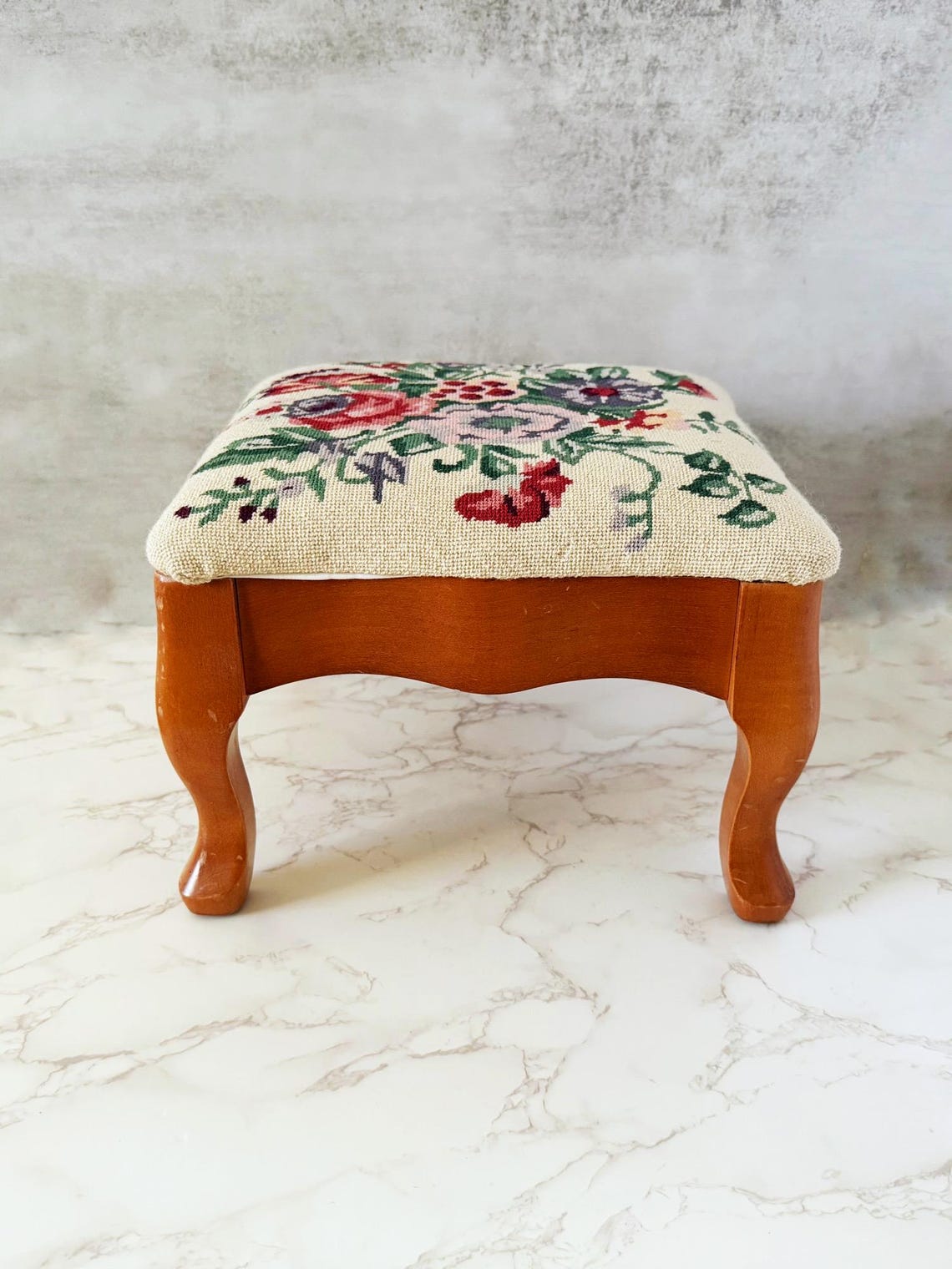 Vintage Needlepoint Footstool: Floral Embroidered Wood Stool - Etsy