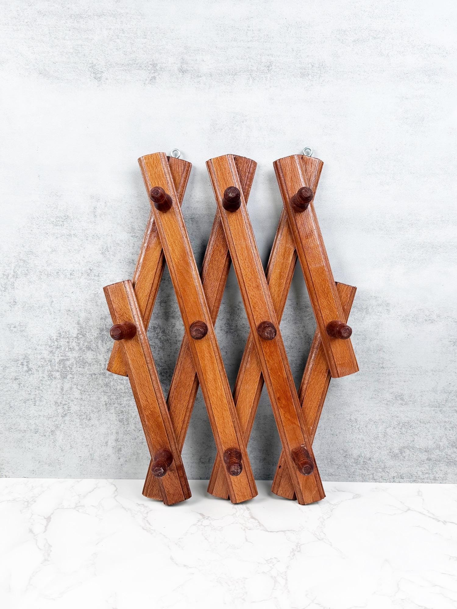 Vintage Wooden Accordion Wall Rack, 10 Pegs, Expandable Mid Century ...