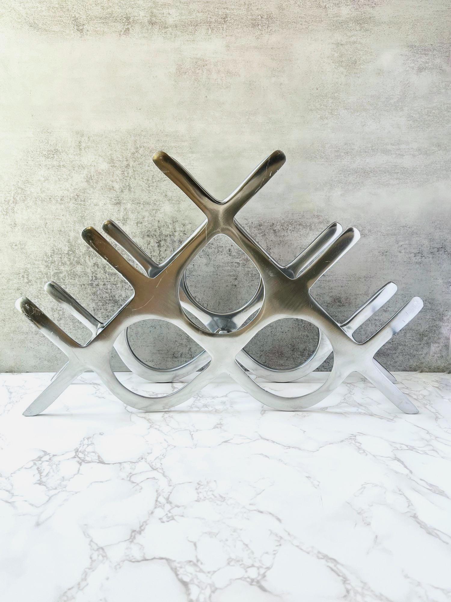 Vintage Brutalist Wine Rack: MCM Silver Metal Sculptural Bottle Holder