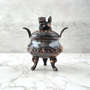 Vintage Asian Bronze Incense Burner - Foo Dog Lid & Dragon Detail, Tripod Metal Burner, Ornate Antique Home Decor