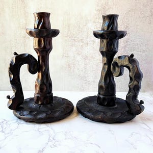 Vintage Brutalist Hand-Carved Wooden Candle Holders - Set of 2 Made in Spain, Tall Sculptural Candlesticks for Boho or Spanish Revival Decor