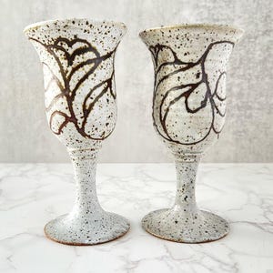 Set of 2 Vintage Studio Ceramic Goblets - Handmade Speckled Pottery Wine Chalices, Rustic Boho Stoneware Drinkware