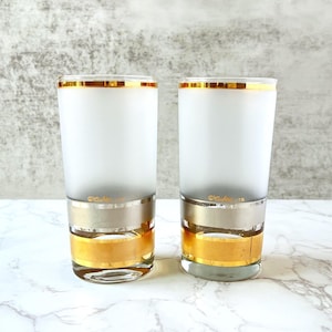 Culver Signed Mid-Century Glasses – Set of 2 Frosted Regency Tumblers with Gold & Silver Bands, Vintage Barware, Hollywood Glam Decor
