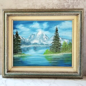 Vintage Mountain Lake Painting: Framed Rustic Cabin Wall Art