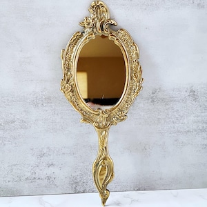 Antique Solid Brass Hand Mirror – Ornate Heavy Vanity Mirror, Rococo Style Wall Decor, Vintage French Baroque Mirror with Handle