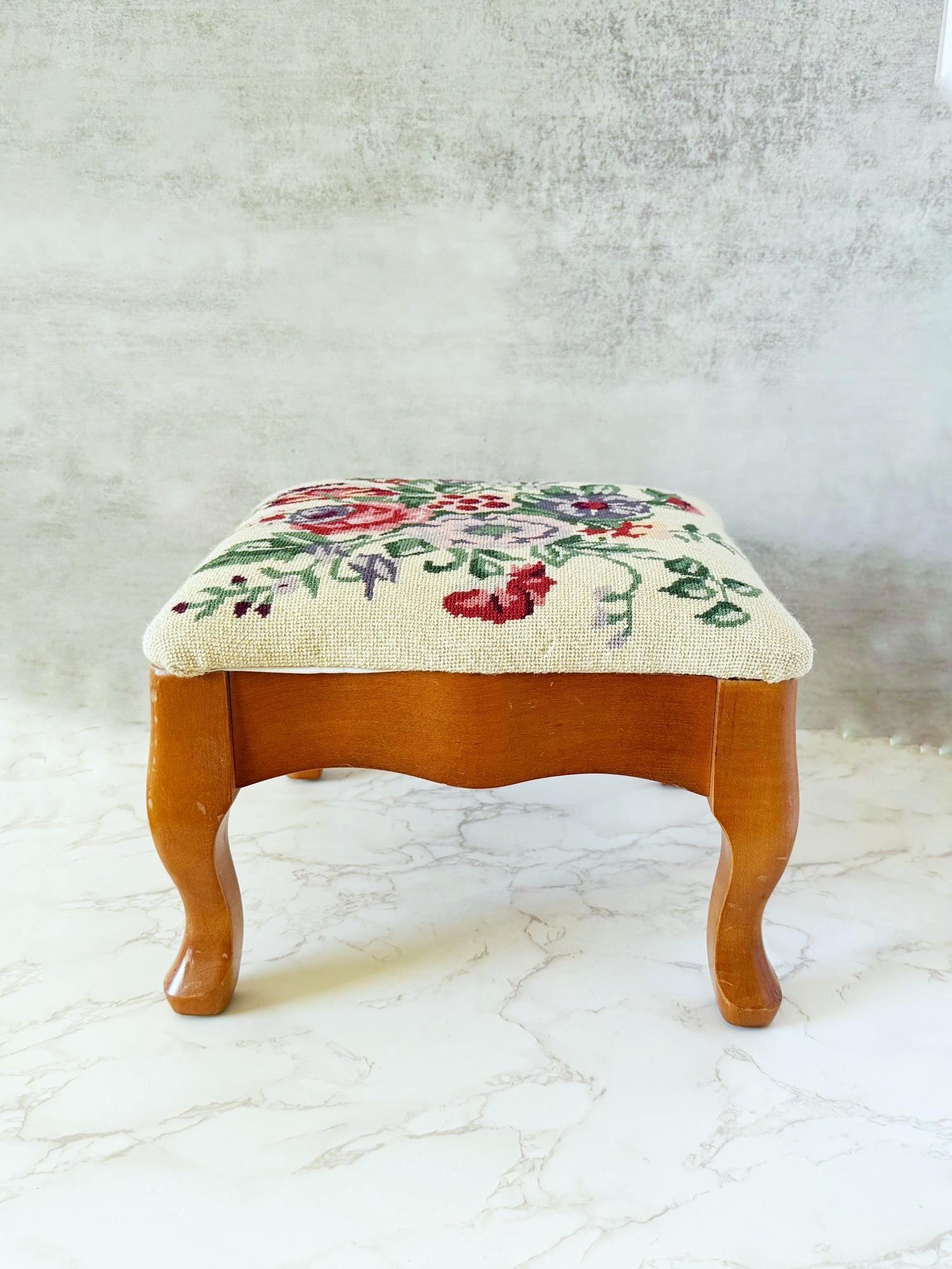 Vintage Needlepoint Footstool: Floral Embroidered Wood Stool - Etsy
