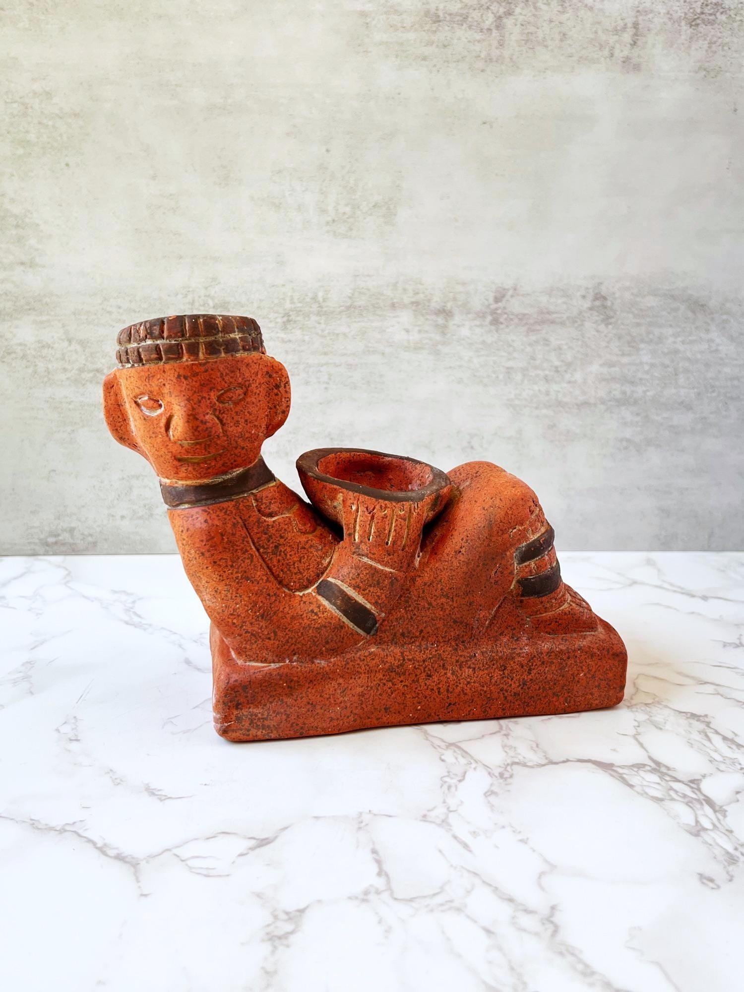 Vintage Terracotta Chac Mool Statue: Mayan Rain God Sculpture