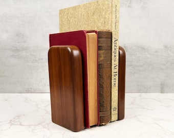 Vintage Mid Century Modern Walnut Bookends, Rounded Wood Book Ends, Minimalist Office Library Accent