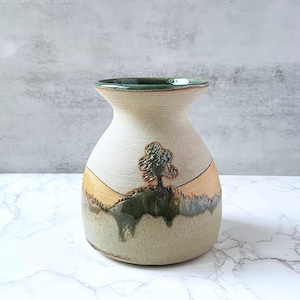 Vintage Handmade Pottery Vase - Artist Signed Studio Art with Scenic Relief, Rustic Landscape Decor, Earthy Glaze