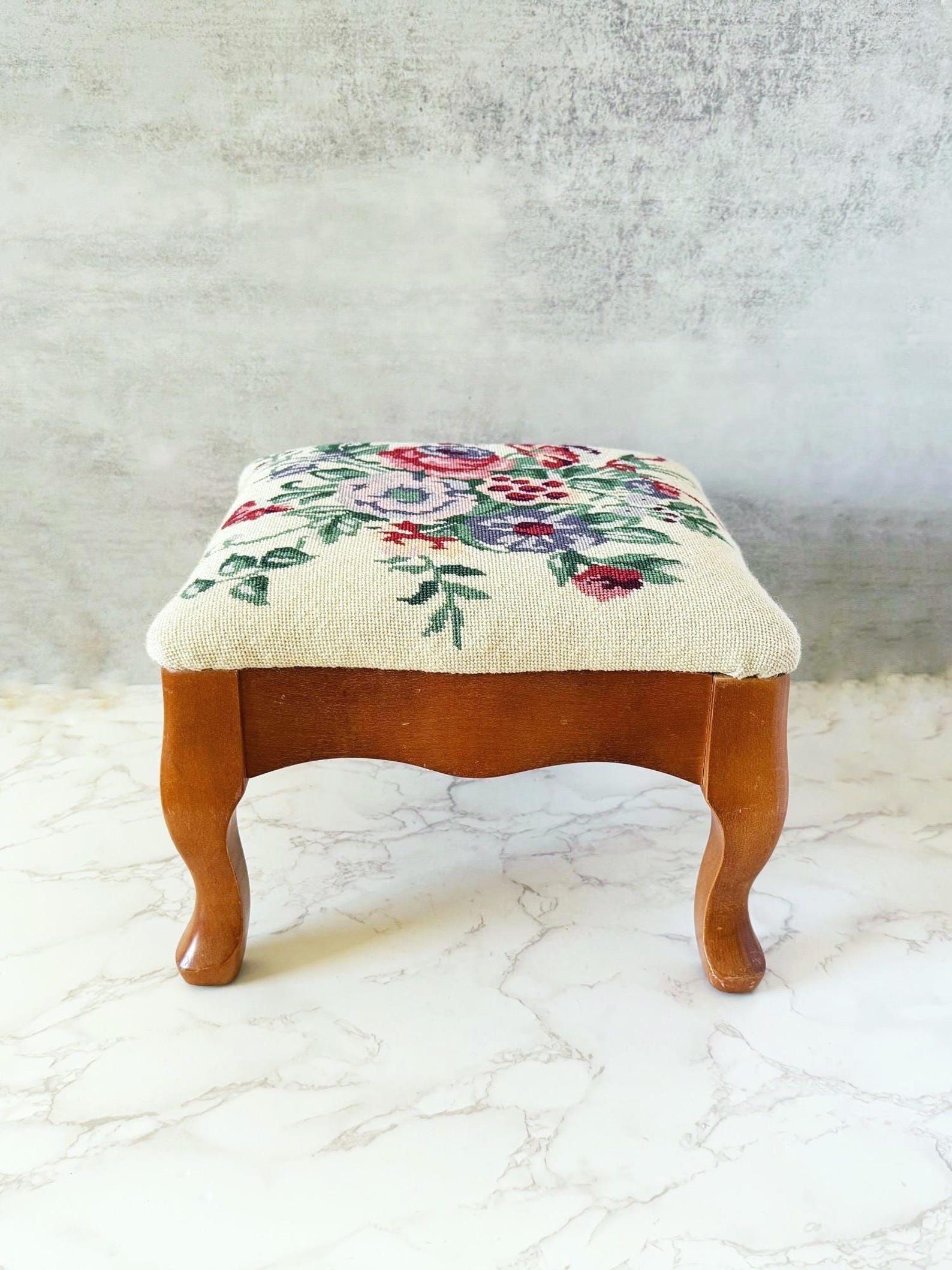 Vintage Needlepoint Footstool: Floral Embroidered Wood Stool - Etsy