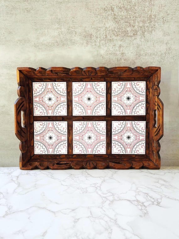 Vintage Mexican Carved Wood Serving Tray with Ceramic Tiles – Rustic Folk Art Kitchen Decor