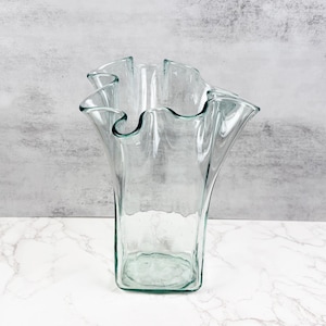 Handblown Clear Glass Vase with Green Tint, Ruffled Ribbon Rim, Sculptural Square Base