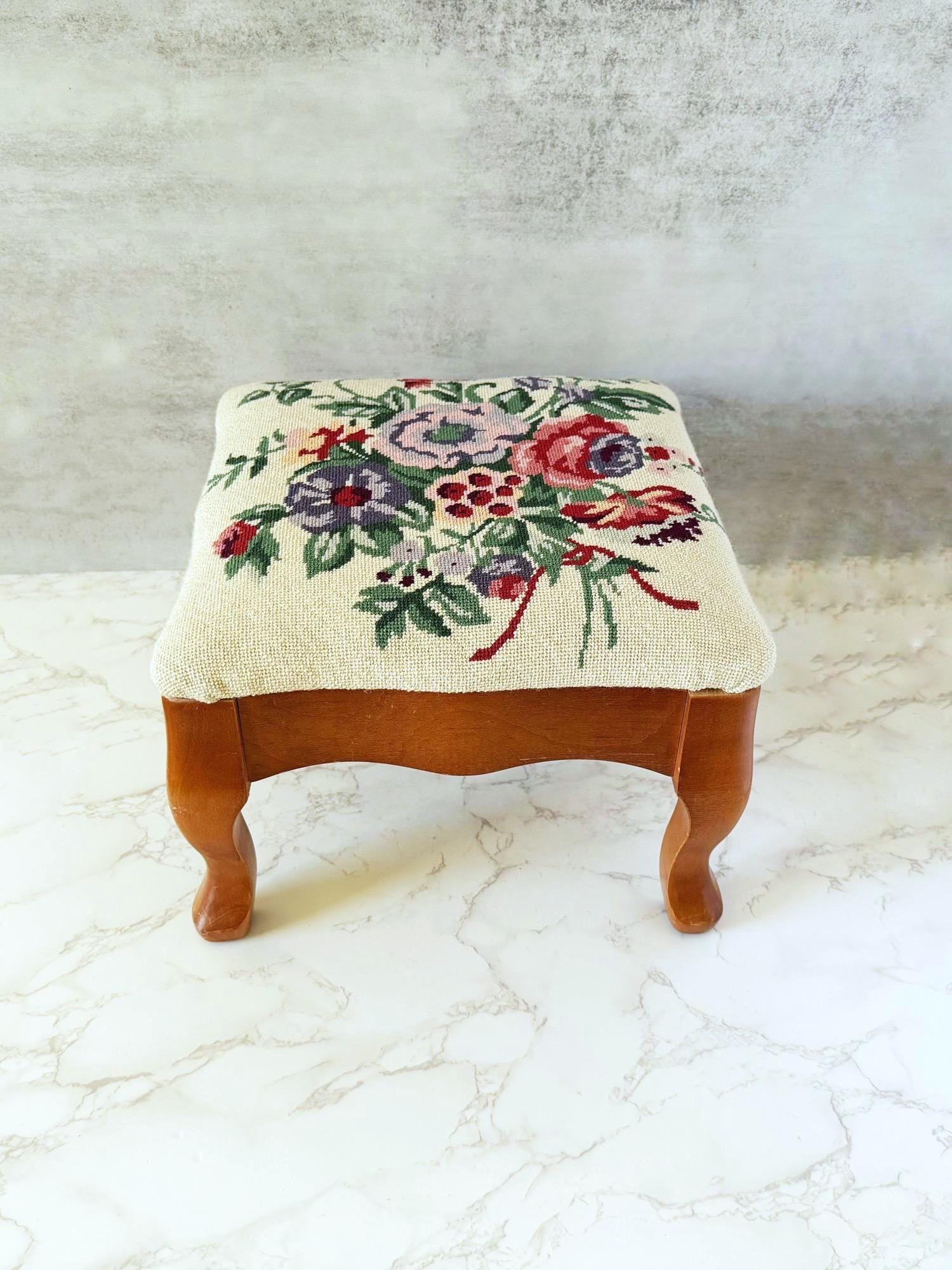 Vintage Needlepoint Footstool: Floral Embroidered Wood Stool - Etsy