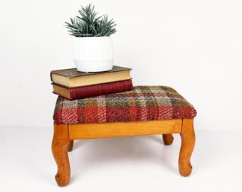 Vintage Wooden Footstool with Plaid Upholstered Seat - Small Cottage Stool - Foot Rest