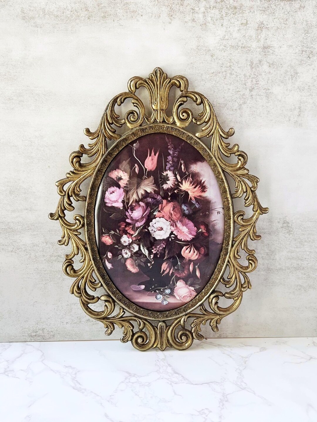 Vintage Ornate Gold Oval Metal Frame With Floral Print - Baroque ...