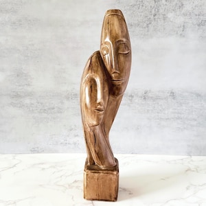 Vintage Modernist Devotion Ceramic Sculpture - Handmade Two Face Man Woman Figure, Signed Art Statue