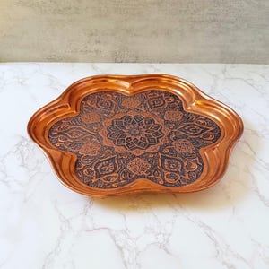 Vintage Scalloped Solid Copper Tray – Embossed Floral Serving Platter, Ornate Decorative Display Plate