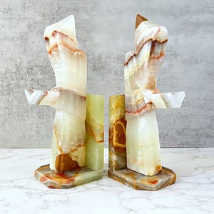Vintage Onyx Marble Monk Bookends: Hand-Carved Alabaster Stone Sculpture