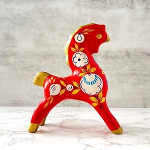 Vintage MCM Folk Art Hand-Painted Dala Khokhloma Horse Figurine - Russian Wooden