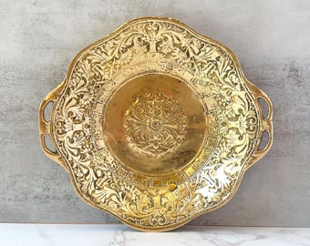 Vintage Art Deco Brass Tray: Embossed Floral Bowl with Handles