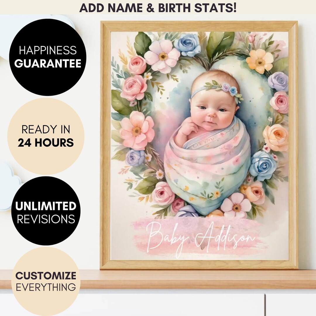 Newborn Gift Personalized Baby Portrait, Custom Baby Keepsake, Floral ...