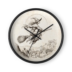 Witch Sketch Rustic Halloween Wall Clock