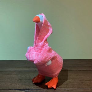 May include: A whimsical goose figurine with an orange beak and feet, wearing a pink hooded sock. The goose has a white head and is standing on a wooden surface. The background is a solid green color.