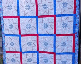 Red, White and Blue Valor Quilt with Hand Cross stitching
