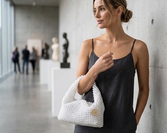 Handmade Pearl Beaded Handbag, Luxury White Hobo Bag, Elegant Statement Purse, Minimalist Evening Bag, Gift for Her