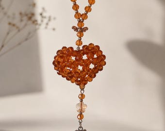Handmade Crystal Heart Car Charm, Rear View Mirror Accessory, Amber Brown Accessory