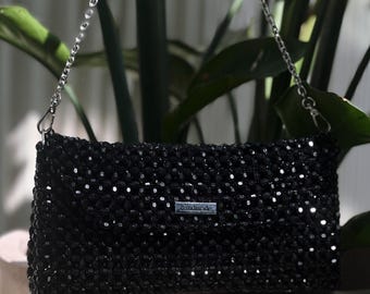 Black Crystal Evening Purse, Luxury Cocktail Bag, Handmade Glam Handbag, Formal Party Purse, Gift for Women