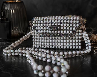 Beaded Evening Bag, Handmade Purse for Wedding Guest, Crystal Clutch