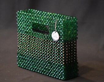 Emerald Green Crystal Beaded Handbag, Statement Evening Purse, Handmade Formal Accessory