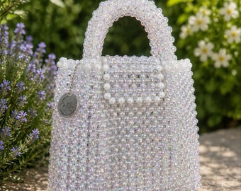 Handmade Pearl Beaded Handbag, White Bridal Purse, Luxury Wedding Bag, Elegant Top Handle Bag, Bridal Shower Gift, Pearl Tote
