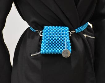 Small Beaded Bag, Blue Evening Purse, Summer Handbag