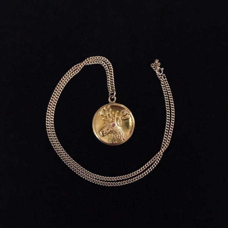Wonderful Antique Victorian Gold Filled DeerElkStag Locket With Ruby Or Garnet Accent