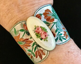 PRETTY Vintage Handmade Cuff With Antique Guilloche Pin & Vintage Brocade Ribbon