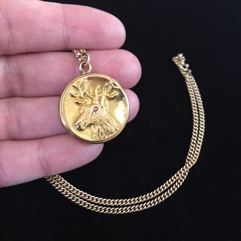 Wonderful Antique Victorian Gold Filled DeerElkStag Locket With Ruby Or Garnet Accent