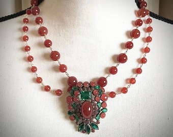 Antique Art Deco Czech Glass Piece With A Fine Carnelian & 14K Gold Fill Festoon Chain Artisan Made