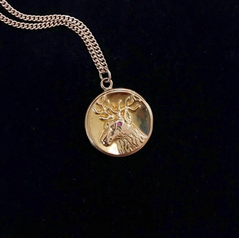 Wonderful Antique Victorian Gold Filled DeerElkStag Locket With Ruby Or Garnet Accent