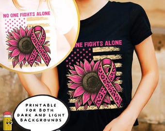 No One Fights Alone Sunflower Breast Cancer Awareness Leopard Print Ribbon - Pink October Sublimation Design PNG SVG PDF, Support Hope Gift