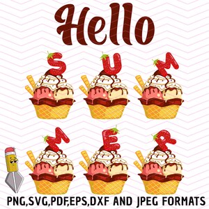 Hello Summer SVG、Summer SVG ストロベリーシャツ、Summer クリップアート、水彩アイスクリーム クリップアート、Summer SVG、Cricut 用ファイル、アイスクリームカート