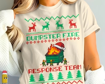 Dumpster Fire Response Team Christmas Png Ugly Sweater Design PNG SVG Funny Firefighter Holiday Pixel Art Graphic
