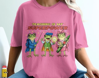 Teaching Is My Superpower PNG, Super Teacher Frog Trio, Back to School Hero Clipart, Retro Teacher Sublimation, Academic Frog Commercial Use