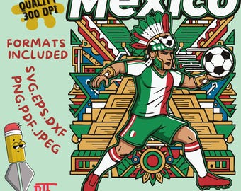 Giocatore di calcio messicano in stile azteco PNG SVG, illustrazione di un guerriero del calcio messicano, design per tifosi di calcio Viva Mexico