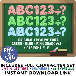 Peut inclure: Une image de style tableau noir avec le texte "ABC123+?" en rose, vert et bleu, chacun avec des motifs en forme de cœur. Le texte "ORIGINAL CREATIVE FONT" et d'autres détails sont également inclus. Fichiers PNG et SVG disponibles.