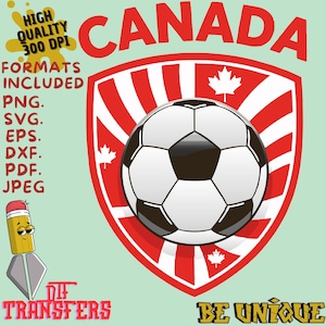 Op de afbeelding: Een voetbalafbeelding met een zwart-wit ontwerp is gecentreerd op een rood-wit schild met het woord 'CANADA' erboven. De afbeelding bevat de tekst 'HOGE KWALITEIT 300 DPI' en 'FORMATEN INBEGREPEN'.