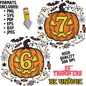 Peut inclure: Conception numérique sur le thème d'Halloween avec deux citrouilles orange, l'une avec le chiffre 6 et l'autre avec le 7, entourées de fantômes, de chauves-souris et de bonbons. Le design comprend le texte "Dtf Transfers" et "Be Unique."