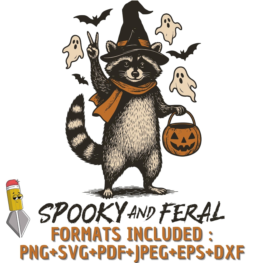 Spooky and Feral Raccoon Halloween PNG SVG, Funny Witch Animal Clipart ...